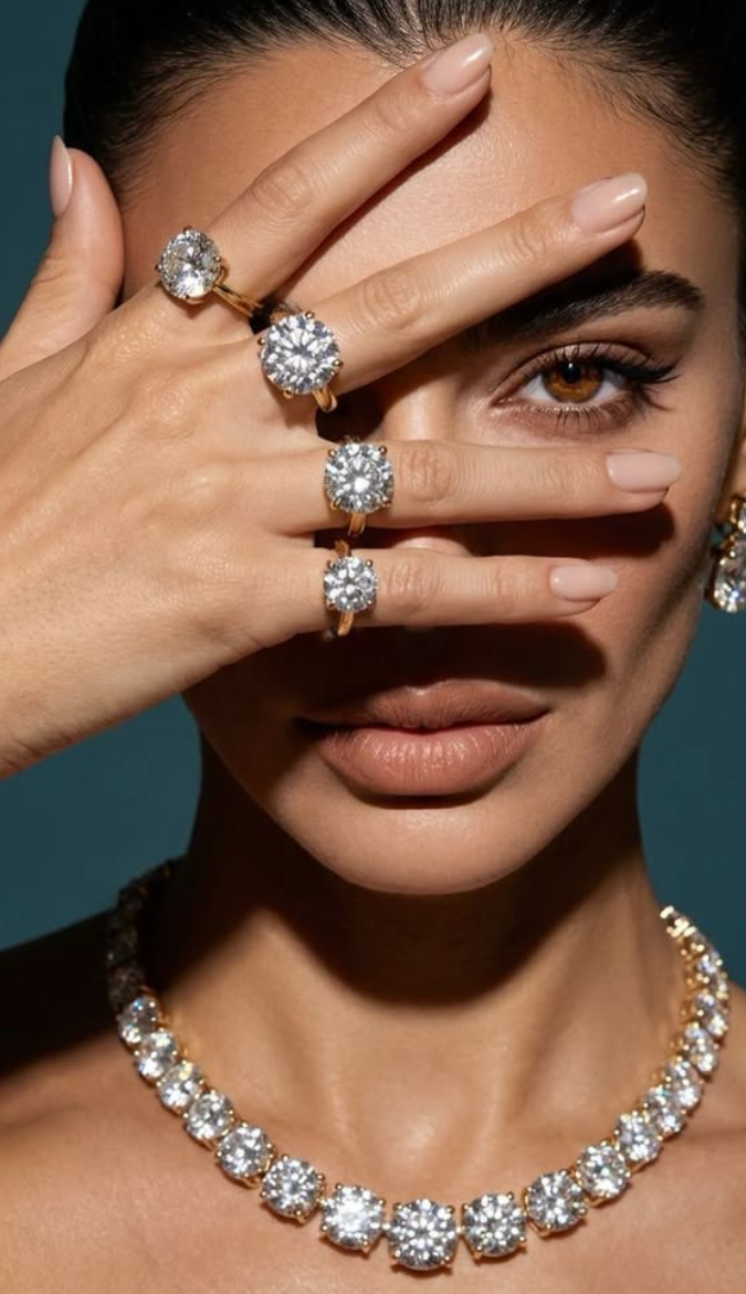 Diamond jewelry worn together on the hand and neck